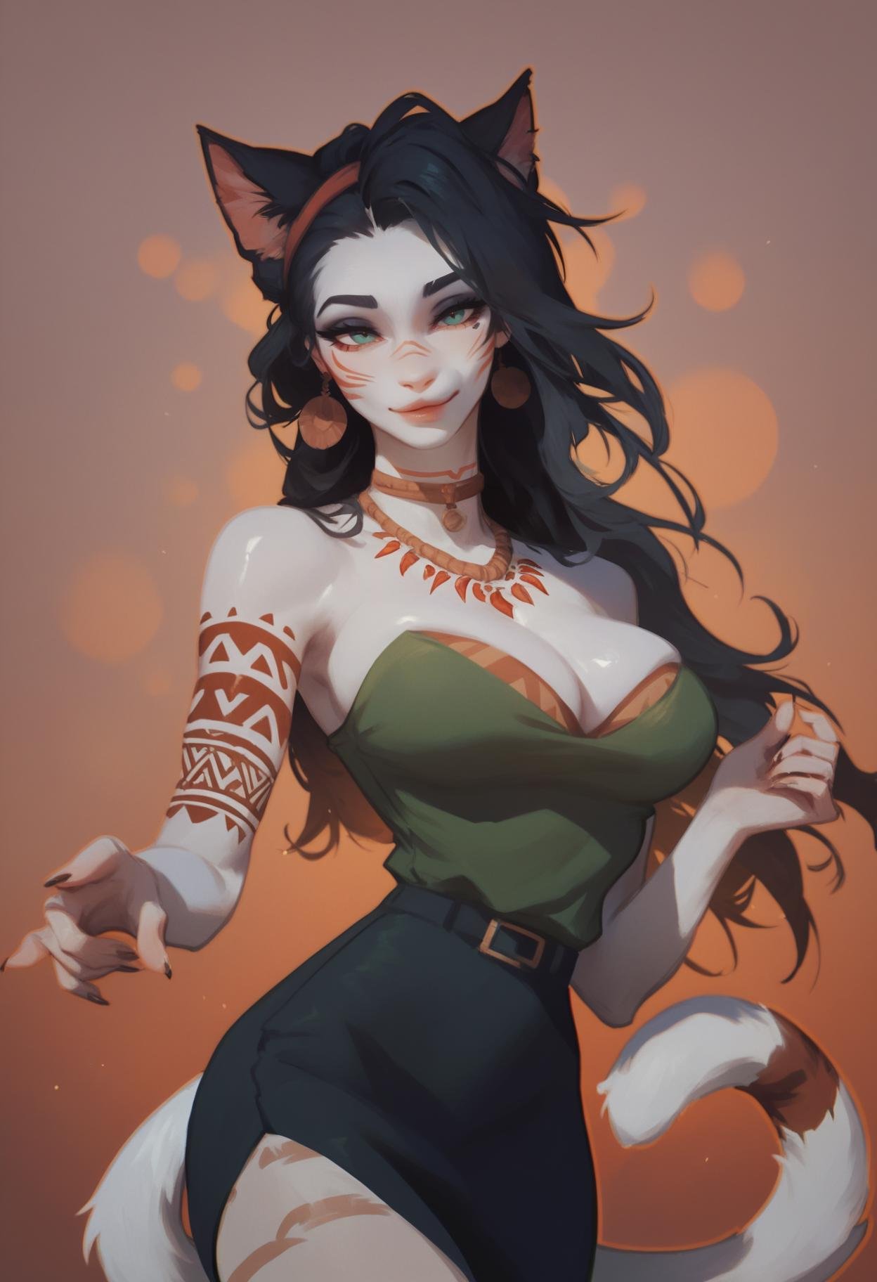 score_9, score_8_up, score_7_up, score_6_up, score_5_up, score_4_up, rating_safe,<lora:Calyx:1> c4lyx,1girl, tribal tattoo,white tail,cat ears,beautiful,thick body,big breasts,thick_outline,cute face,teacher uniform