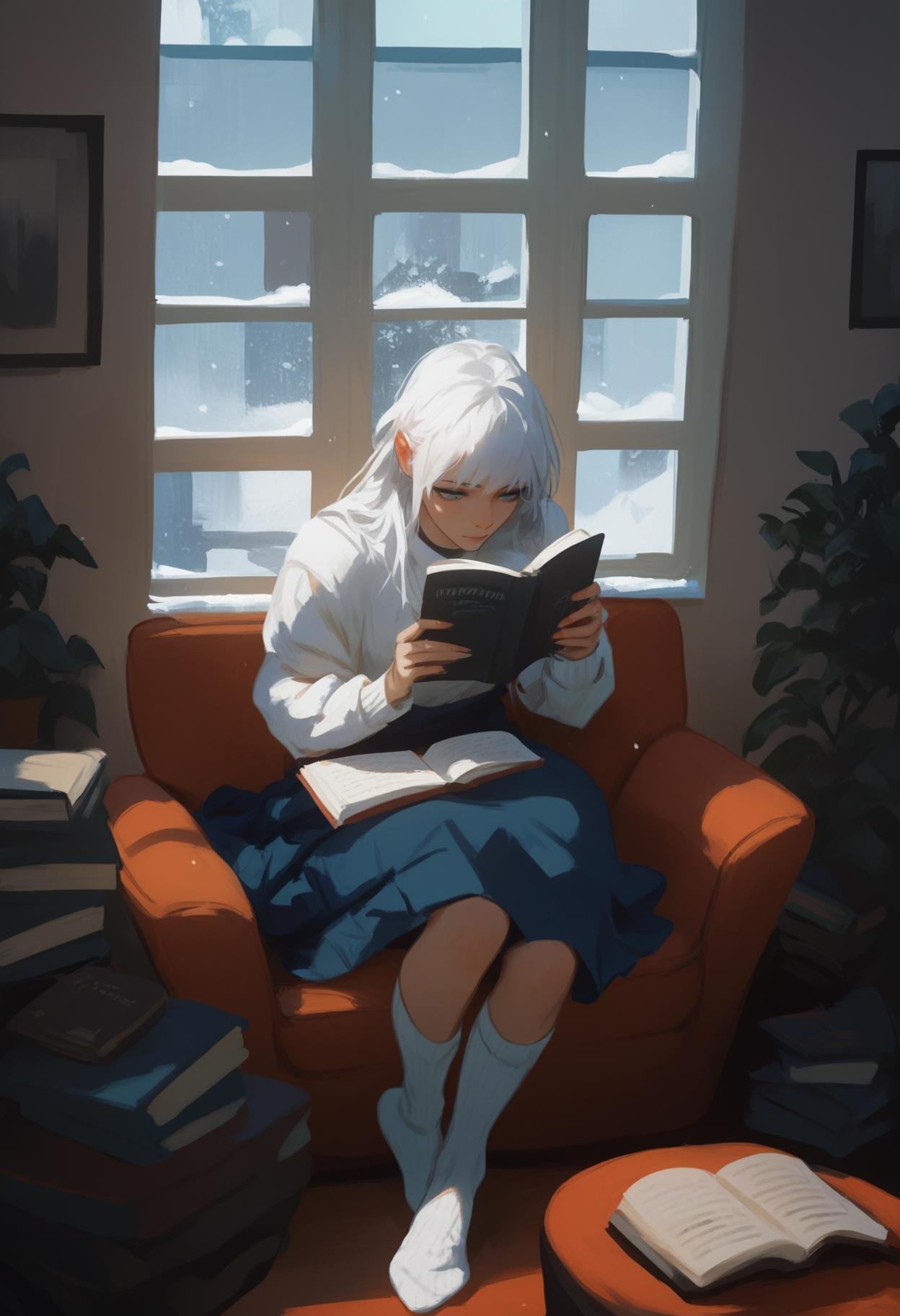 score_9, score_8_up, score_7_up, score_6_up, score_5_up, score_4_up, rating_safe,<lora:Calyx:1> c4lyx,1girl, solo, long hair, socks, white hair, sitting, indoors, window, book, snow outside, chair, reading, 