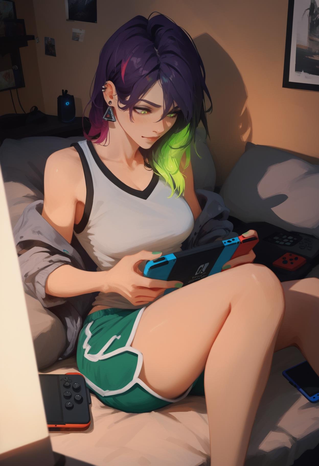 score_9, score_8_up, score_7_up, score_6_up, score_5_up, score_4_up, rating_safe,<lora:Calyx:1> c4lyx,1girl, medium breasts, bed, nintendo switch, (bare feet, barefoot, feet up:0.3), two-tone hair, gradient hair, green and purple hair, streaked hair, dolphin shorts, glowing neon hair, playing games, comfy, bedroom, furniture, ear piercing, earrings, 