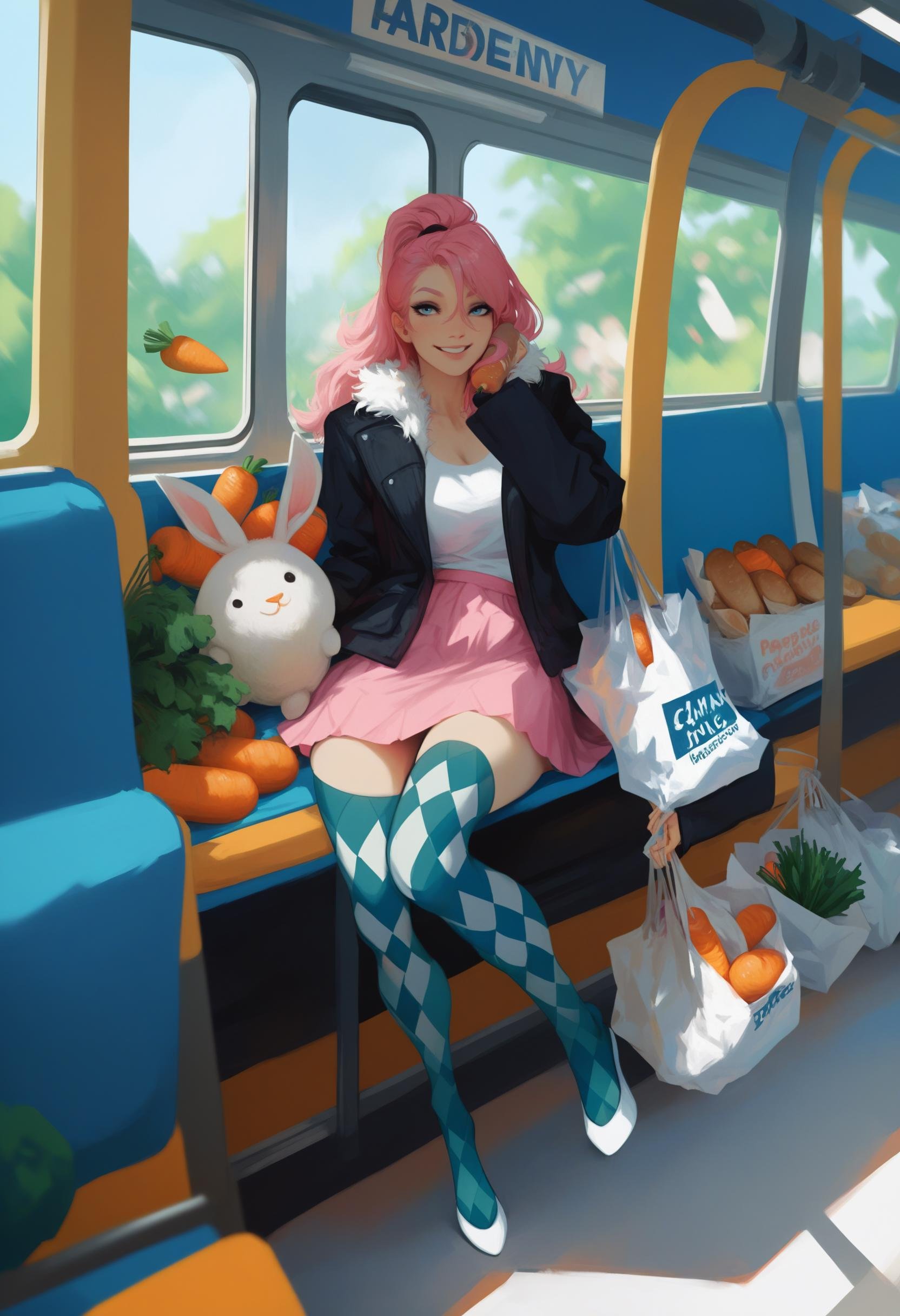 score_9, score_8_up, score_7_up, score_6_up, score_5_up, score_4_up,<lora:Calyx:1> c4lyx,1girl, thighhighs, bird, feathers, pink hair, carrot, head rest, train interior, long hair, skirt, blue eyes, argyle clothes, argyle legwear, bag, sitting, shopping bag, solo, jacket, food, grocery bag, fur trim, looking at viewer, stuffed toy, pink skirt, stuffed animal, bread, groceries, smile,