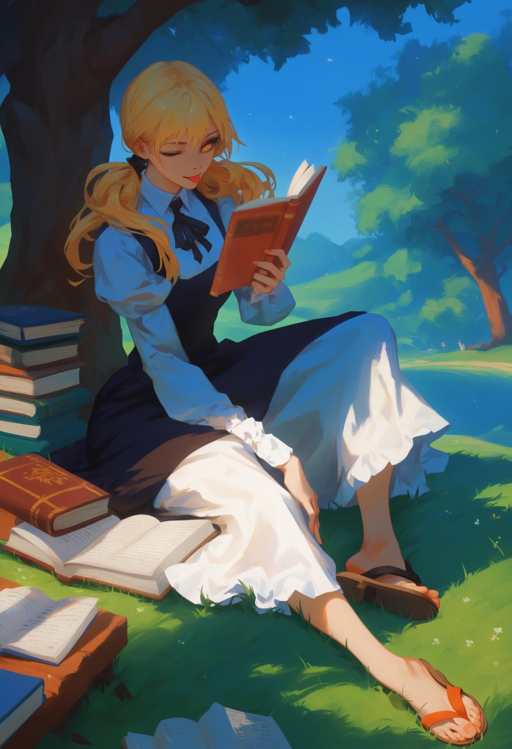 score_9, score_8_up, score_7_up, score_6_up, score_5_up, score_4_up, <lora:Calyx:1> c4lyx,1girl, blonde hair, barefoot, long hair, solo, one eye closed, yellow eyes, book, tree, sitting, twintails, sandals, dress, shoes, tongue out,