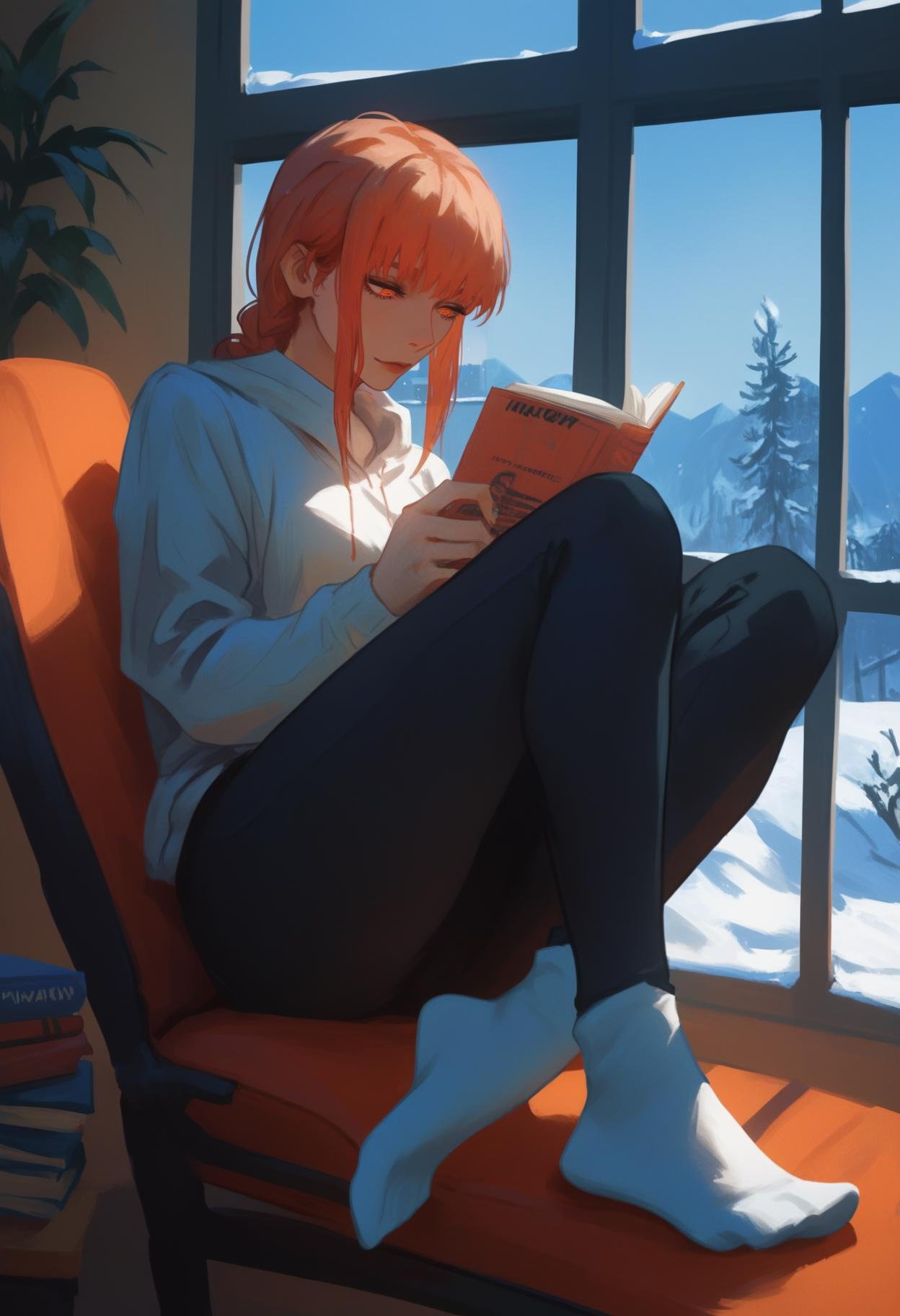 score_9, score_8_up, score_7_up, score_6_up, score_5_up, score_4_up, rating_safe,<lora:Calyx:1> c4lyx,1girl, makima \(chainsaw man\), solo, socks, sitting, indoors, window, book, snow outside, chair, reading, yoga pants,