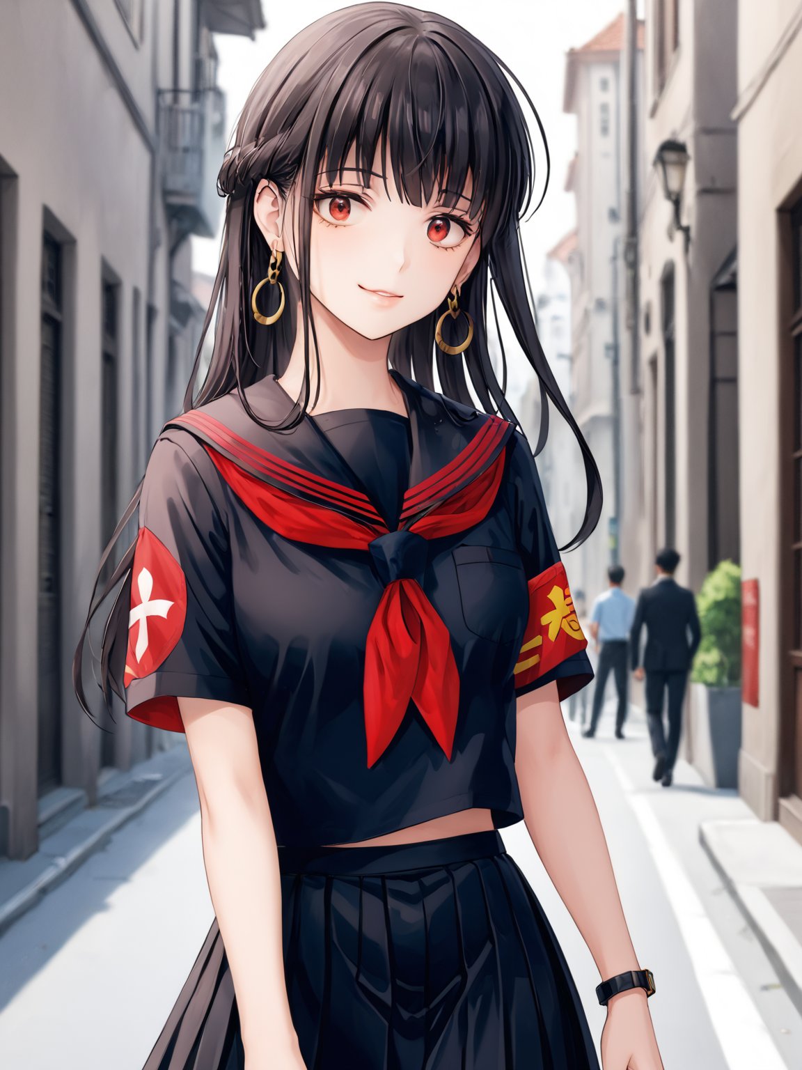 best quality, 8k, 8k UHD, ultra-high resolution, ultra-high definition, highres
,//Character, 
1girl, solo
,//Fashion, 
,//Background, 
,//Others, ,Expressiveh, 
AgakuraMajiri, 1girl, solo, long hair, black hair, red eyes, hoop earrings, black serafuku, sailor collar, black shirt, red neckerchief, armband, pleated skirt, black skirt