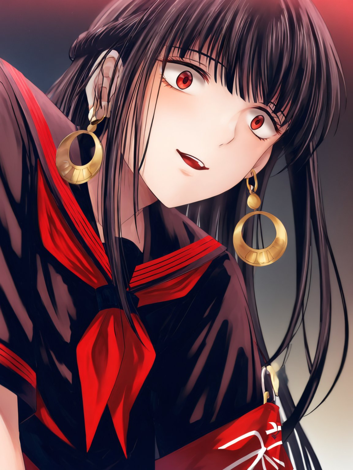 best quality, 8k, 8k UHD, ultra-high resolution, ultra-high definition, highres
,//Character, 
1girl, solo
,//Fashion, 
,//Background, 
,//Others, ,Expressiveh, 
AgakuraMajiri, 1girl, solo, long hair, black hair, red eyes, hoop earrings, black serafuku, sailor collar, black shirt, red neckerchief, armband, pleated skirt, black skirt