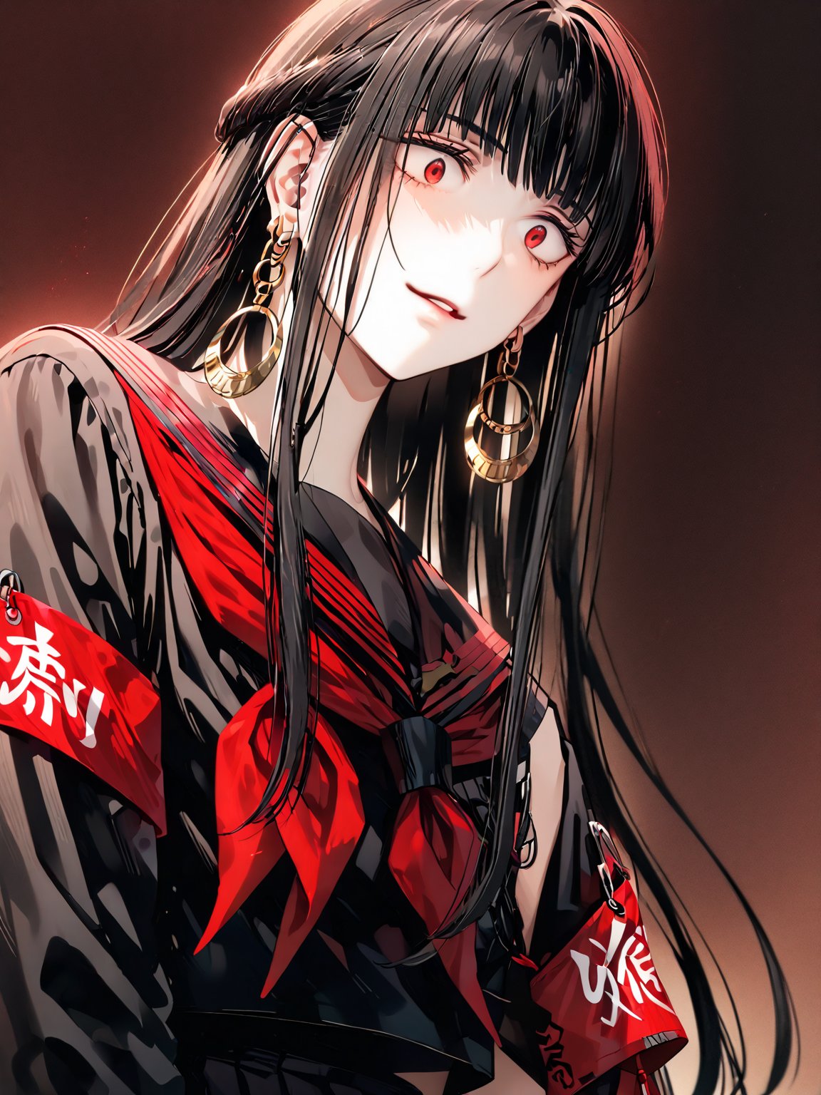 best quality, 8k, 8k UHD, ultra-high resolution, ultra-high definition, highres
,//Character, 
1girl, solo
,//Fashion, 
,//Background, 
,//Others, ,Expressiveh, 
AgakuraMajiri, 1girl, solo, long hair, black hair, red eyes, hoop earrings, black serafuku, sailor collar, black shirt, red neckerchief, armband, pleated skirt, black skirt