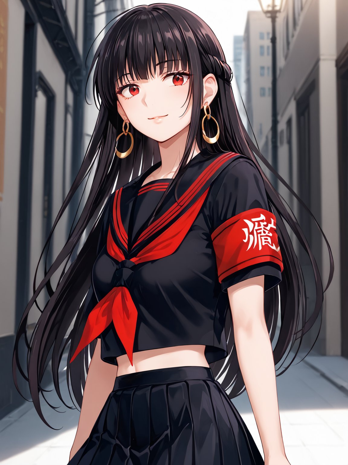 best quality, 8k, 8k UHD, ultra-high resolution, ultra-high definition, highres
,//Character, 
1girl, solo
,//Fashion, 
,//Background, 
,//Others, ,Expressiveh, 
AgakuraMajiri, 1girl, solo, long hair, black hair, red eyes, hoop earrings, black serafuku, sailor collar, black shirt, red neckerchief, armband, pleated skirt, black skirt