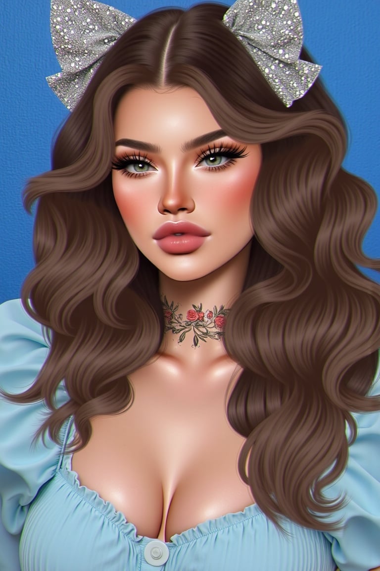 1Girl, vu art ,A portrait of a young woman with curly brown hair adorned with large diamond colored bows. She wears a light blue, ruffled blouse and a delicate choker with a floral pattern. Her makeup is subtle, with a focus on her eyes and lips. The background is a textured blue, providing a contrast to her attire. The style of leans towards a contemporary portrait with a touch of vintage charm.,Vu art