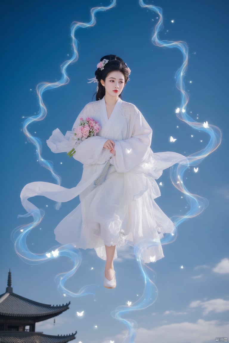  fairy,Sparkling butterflies, shimmering transparent fluttering ribbons,moon,a woman in a white kimono, holding a bouquet of flowers, is soaring through the air. She is dressed in a flowing white dress, adorned with a pink flower in her hair. Her hair is tied in a ponytail, adding a touch of beauty to the scene. The sky is a deep blue, with a few wispy clouds in the distance. To the left of the woman, a pagoda-like structure is visible.