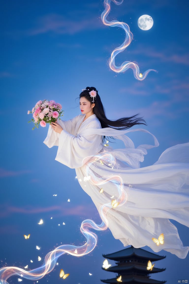  fairy,Sparkling butterflies, shimmering transparent fluttering ribbons,moon,a woman in a white kimono, holding a bouquet of flowers, is soaring through the air. She is dressed in a flowing white dress, adorned with a pink flower in her hair. Her hair is tied in a ponytail, adding a touch of beauty to the scene. The sky is a deep blue, with a few wispy clouds in the distance. To the left of the woman, a pagoda-like structure is visible.