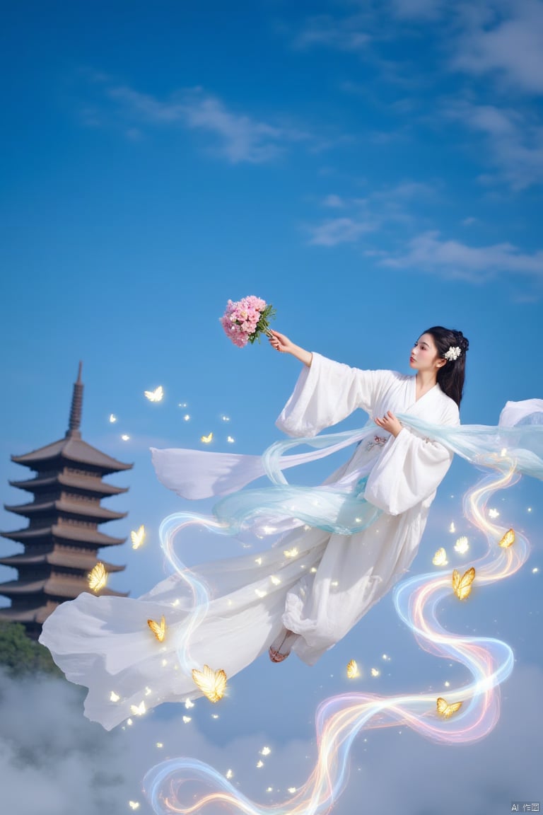  fairy,Sparkling butterflies, shimmering transparent fluttering ribbons,a woman in a white kimono, holding a bouquet of flowers, is soaring through the air. She is dressed in a flowing white dress, adorned with a pink flower in her hair. Her hair is tied in a ponytail, adding a touch of beauty to the scene. The sky is a deep blue, with a few wispy clouds in the distance. To the left of the woman, a pagoda-like structure is visible.