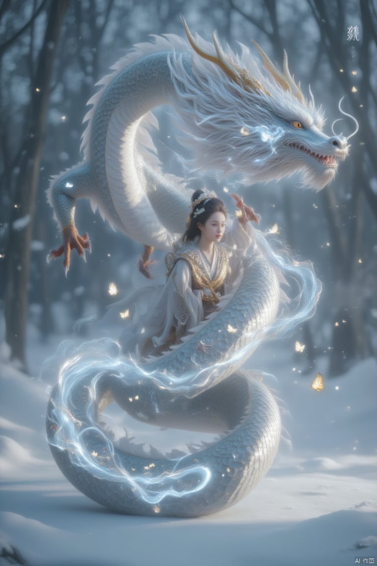  fairy,Sparkling butterflies, shimmering transparent fluttering ribbons,Chinese dragon,a dragon
with a human-like figure riding on its back
The eyes of the Chinese dragon are deep and kind. It does not bring any sense of oppression, but instead reveals a sense of compassion and care for all things in the world. It dances slowly, leaving gorgeous tracks on the snow, as if weaving an ancient and beautiful dream. The snowflakes flutter gently with their movements and blend with the surrounding environment, creating an otherworldly artistic conception.,loong