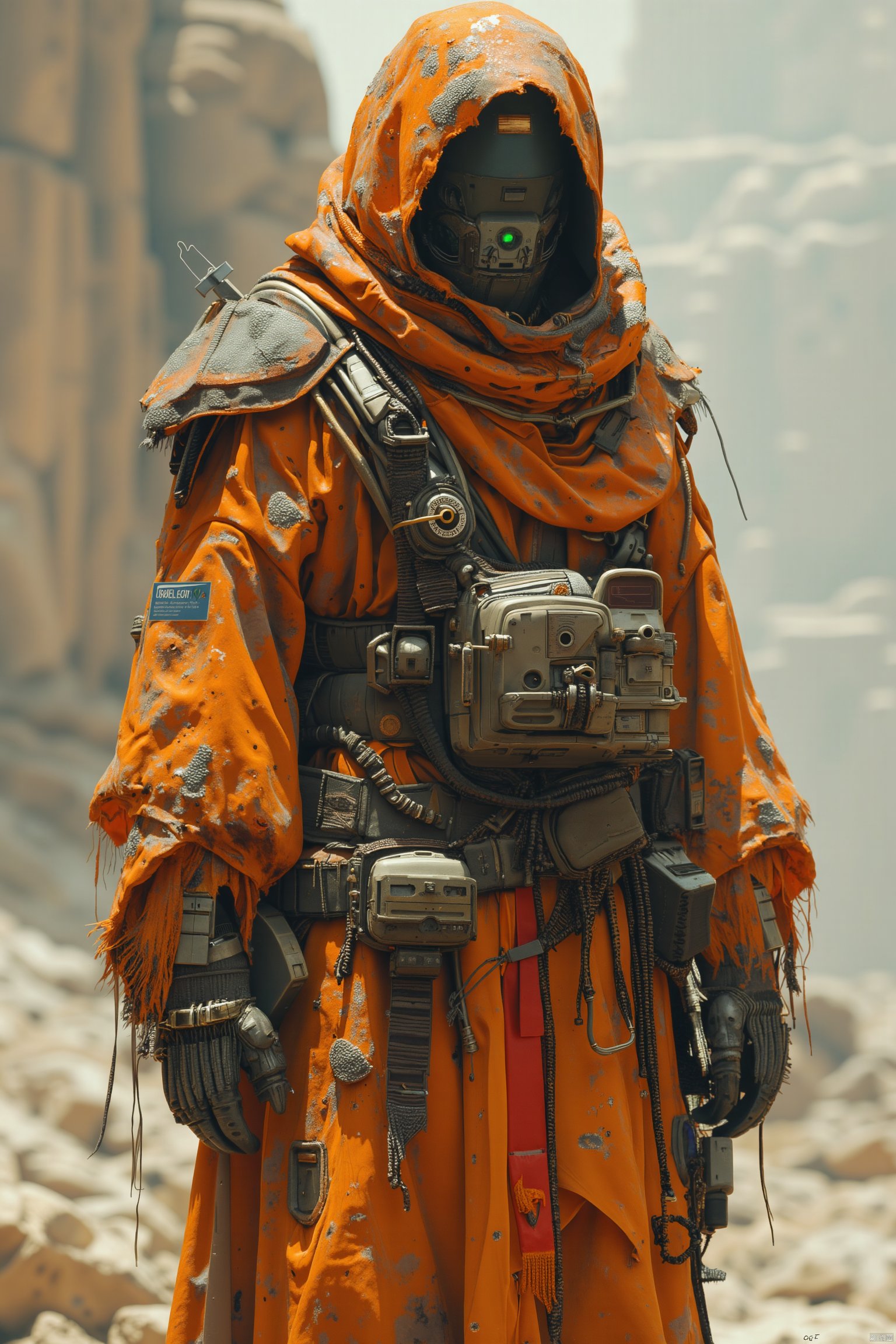 OBtaozhuang,This image is a highly detailed digital painting depicting a futuristic, armored character standing in a desolate, post-apocalyptic setting. The character, likely a male, is clad in a tattered, bright orange robe with numerous patches and frayed edges, giving it a worn, weathered appearance. The robe is adorned with a variety of straps, buckles, and metallic attachments, suggesting a utilitarian design. Over the robe, the character wears a bulky, orange and black helmet with a visor that obscures their face, revealing only their glowing green eyes.