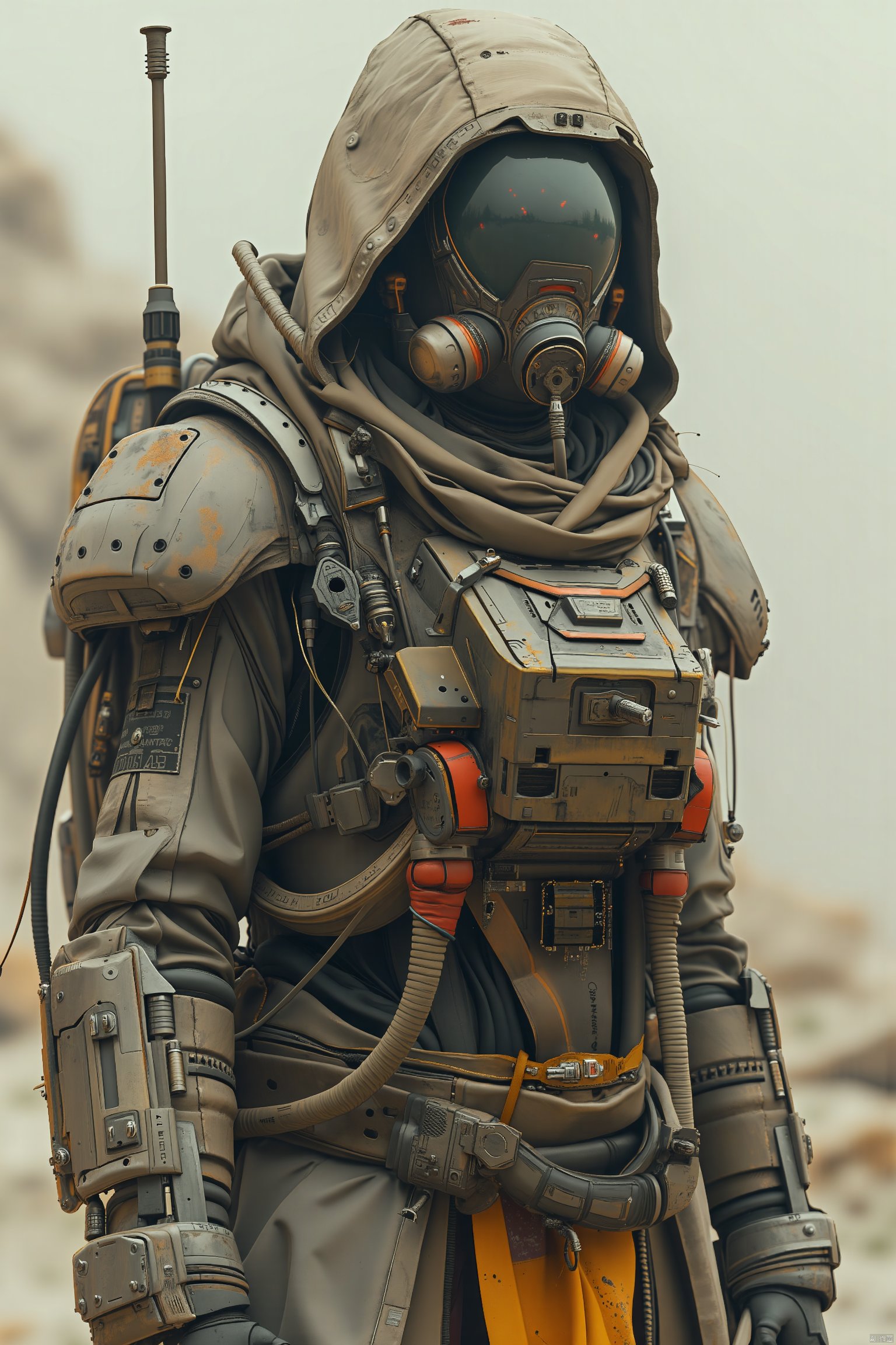 OBtaozhuang,young people,Heavy armor suit in futuristic style with a gas mask with mechanical pipelines.