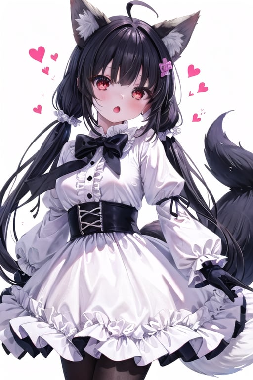 1girl, solo, long hair, looking at viewer, bangs, red eyes, gloves, long sleeves, white background, dress, bow, animal ears, very long hair, tail, ahoge, white hair, pantyhose, frills, parted lips, puffy sleeves, :o, animal ear fluff, gradient, fox ears, gradient background, fox tail, low twintails, frilled dress, fox girl, puffy long sleeves, white pantyhose, argyle, argyle legwear, ears down,(masterpiece),scenery