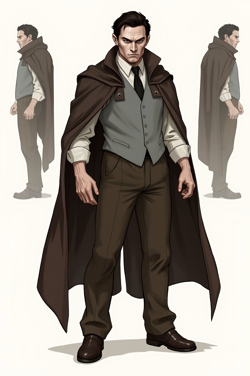 reference sheet, drawn in 5 different angles. multiple views, upper body, front, from side, color palette reference. The man has short, dark hair and a pale complexion. He is dressed in a semi-formal outfit consisting of a dark brown, high-collared cape draped over his shoulders, a light gray vest with a black tie, and a white dress shirt underneath. The vest is buttoned, with the top button undone, revealing the shirt collar. He is wearing dark brown trousers that are slightly loose-fitting, paired with dark brown dress shoes. The man's expression is stern and slightly intimidating, with a sharp gaze directed forward. His left arm is bent at the elbow, resting on his hip, while his right arm hangs loosely by his side. The drawing style is detailed with a semi-realistic approach, emphasizing texture and shading to give a three-dimensional appearance. The man's cape and vest have subtle highlights and shadows, while the trousers and shoes have a smooth texture. The overall color palette is muted, with earth tones and dark browns dominating the outfit. The background is minimalistic, focusing attention solely on the figure., aw0k rpgcharacters