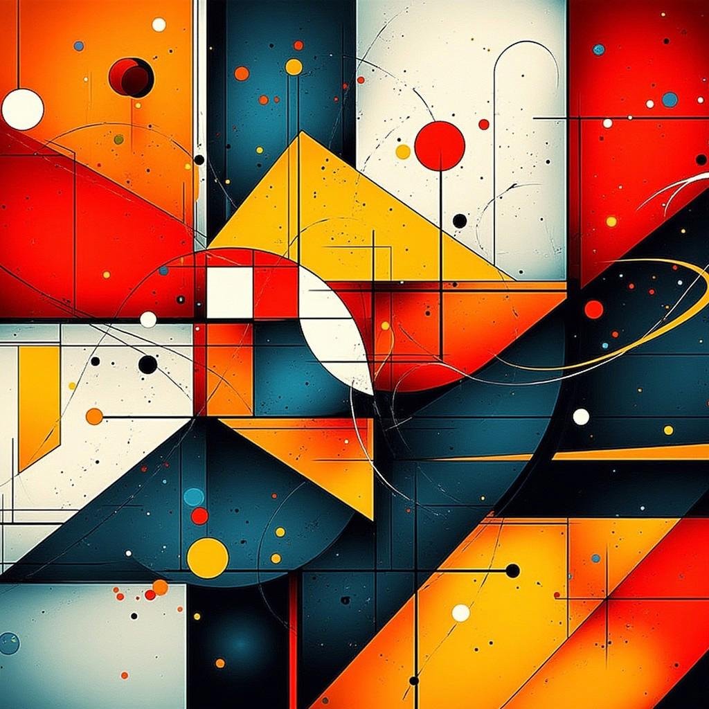 A high-resolution 4K Modernistic geometric linear dynamic abstract shapes with precise geometric lines, intersecting and overlapping in a harmonious composition. Artstyle of Picaso. Mathematical Structure and nature, with vibrant contrasts between sharp angles and soft, natural forms. A Dynamic blend of the geometric and organic components.