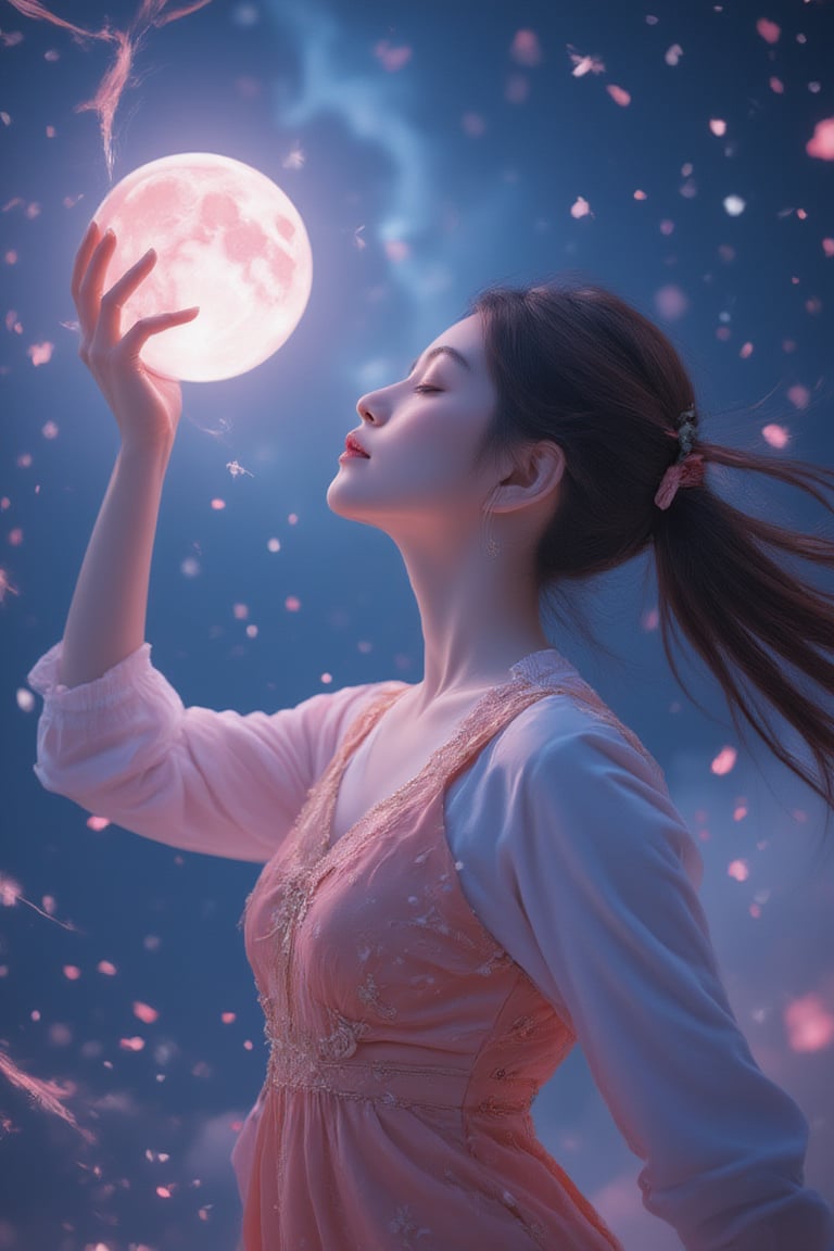 Ethereal shot of a girl, radiant in her white shirt and orange dress adorned with floral patterns, as she gazes upwards at the glowing moon held aloft by her right hand. Her long brown hair whips through the air as she stands amidst a starry blue backdrop, pink hues infusing the atmosphere. The camera captures her serene expression, eyes closed in devotion, as the wind whispers secrets.,pink art,luxury style