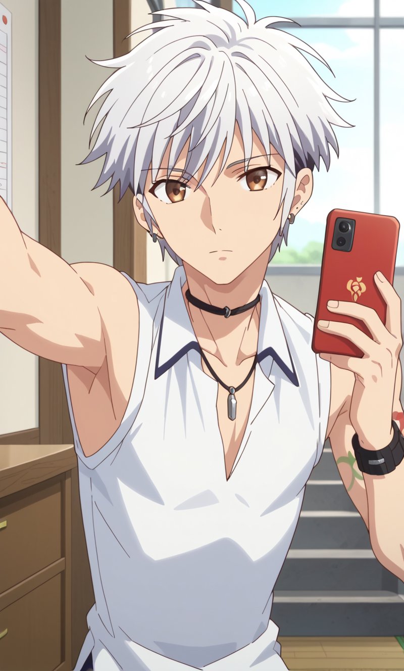 score_9,score_8_up,Expressiveh, source_anime, highly detailed, anime screencap, masterpiece, best quality, best aesthetics, perfect anatomy, perfect proportions, high resolution, good colors, bright skin , good shading, countershading, well detailed background, 1boy, male focus, Hatsuharu, white hair, multicolored hair, brown eyes, earrings, looking at viewer, school uniform, collarbone, sleeveless white shirt, necklace, black choker, bracelet, tattoo on left arm, holding phone, v, selfie shot