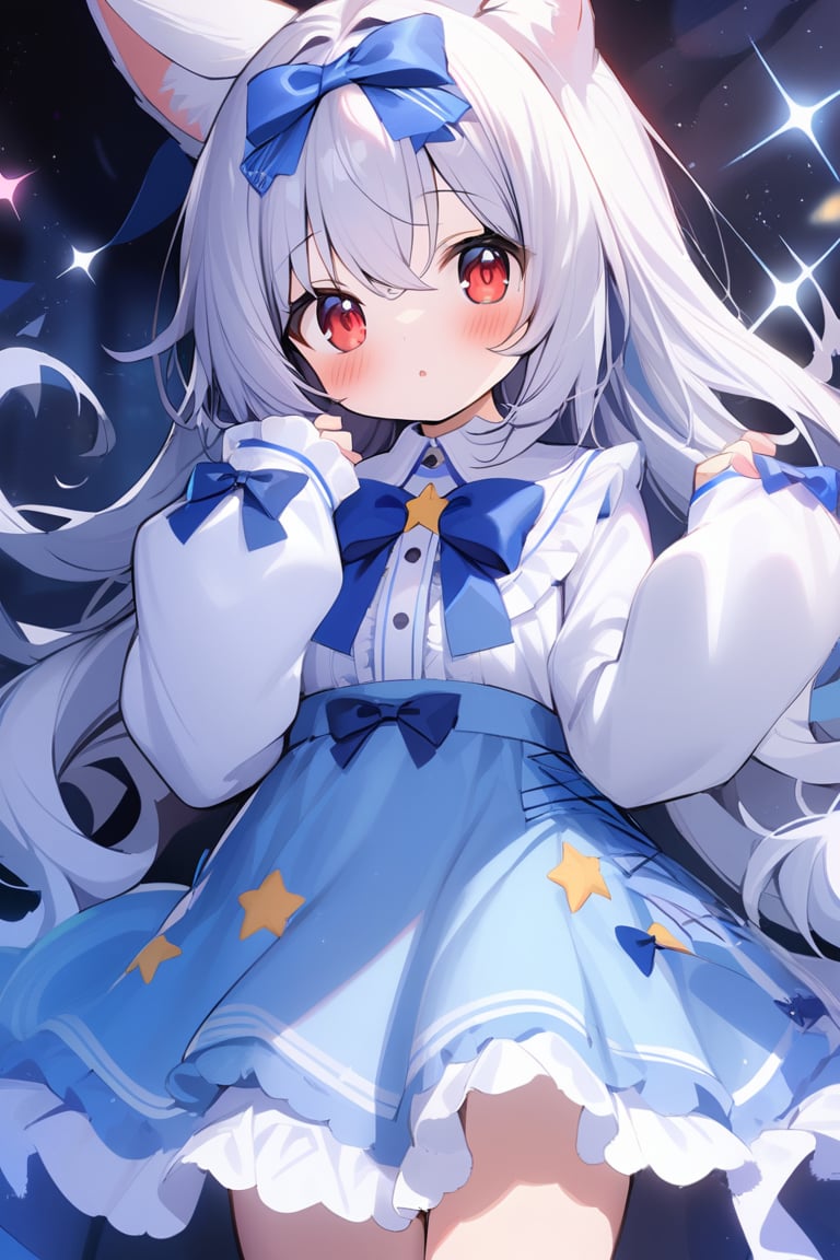 1girl, animal_ears, bangs, blue_bow, blue_dress, blue_ribbon, blue_skirt, blush, bow, dress, eyebrows_visible_through_hair, frills, hair_between_eyes, hair_bow, long_hair, long_sleeves, looking_at_viewer, parted_lips, puffy_sleeves, red_eyes, shirt, silver_hair, skirt, sleeves_past_wrists, solo, sparkle, star_\(symbol\), very_long_hair, white_shirt