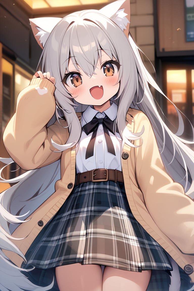 1girl, :d, bangs, belt, blush, brown_eyes, collared_shirt, dress, eyebrows_visible_through_hair, fang, grey_hair, hair_between_eyes, long_hair, long_sleeves, looking_at_viewer, open_clothes, open_mouth, plaid, plaid_dress, ribbon, shirt, sleeves_past_wrists, smile, solo, tail, very_long_hair, white_shirt