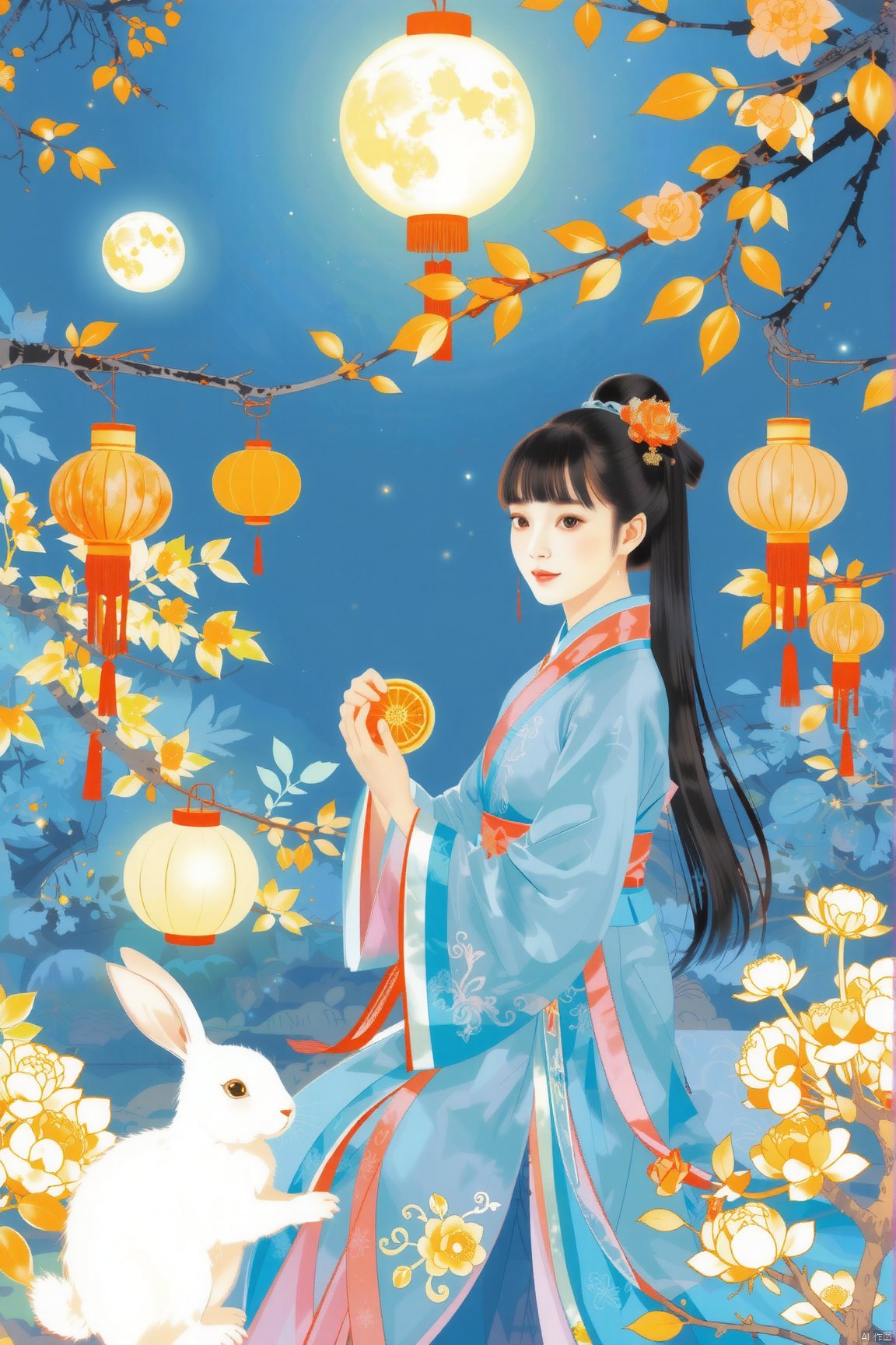 On the night of the Mid-Autumn Festival, a girl dressed in ancient costumes sat in the gazebo in the yard eating moon cakes, bangs, loose hair, long hair, black hair, next to a rabbit, and osmanthus trees were planted in the yard.