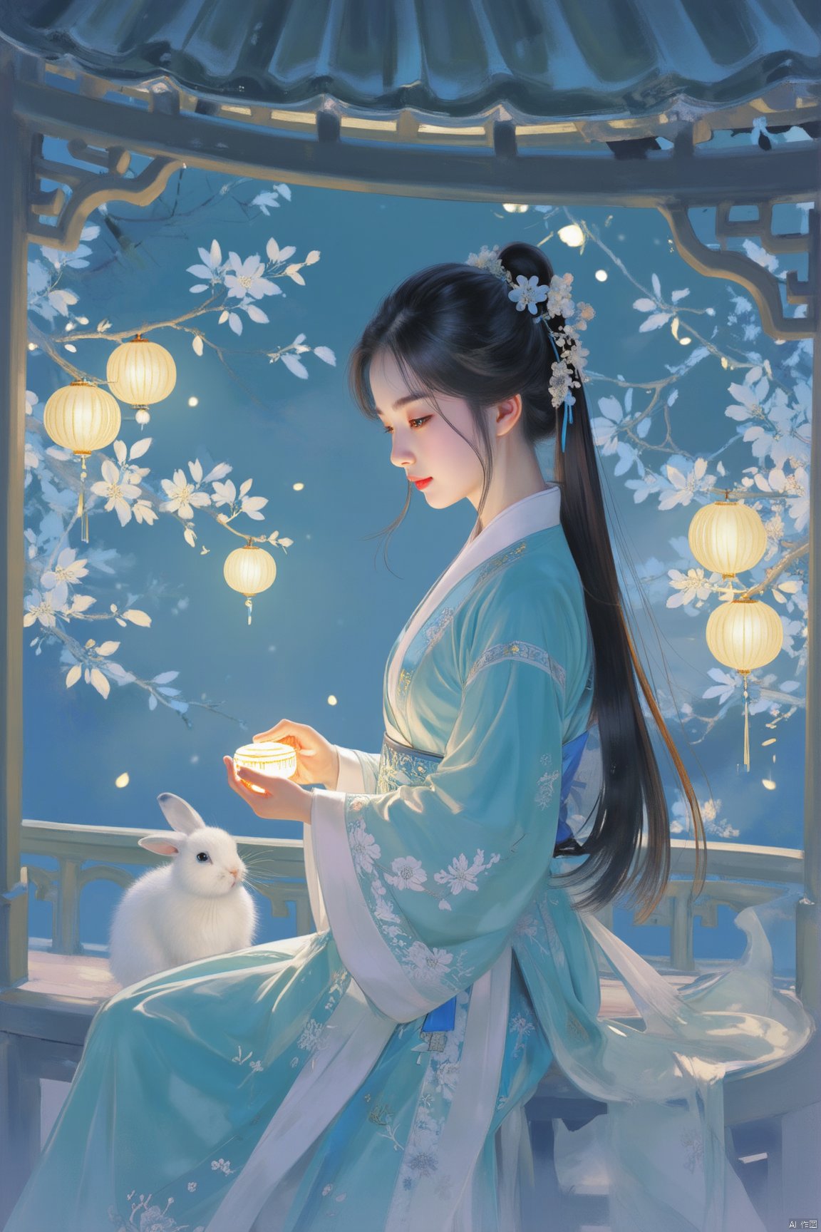 Soft focus captures a serene scene on a Mid-Autumn Festival night: a girl, adorned in traditional attire, sits amidst Osmanthus-scented tranquility within a gazebo, her long, dark locks cascading down her back like a waterfall of night. The gentle curve of the structure's roof frames her peaceful expression as she savors moon cakes, surrounded by the quiet companionship of a rabbit and the lush verdure of Osmanthus trees.