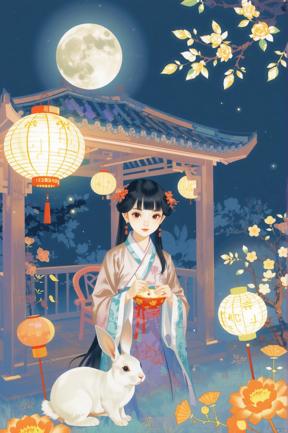 On the night of the Mid-Autumn Festival, a girl dressed in ancient costumes sat in the gazebo in the yard eating moon cakes, bangs, loose hair, long hair, black hair, next to a rabbit, and osmanthus trees were planted in the yard.