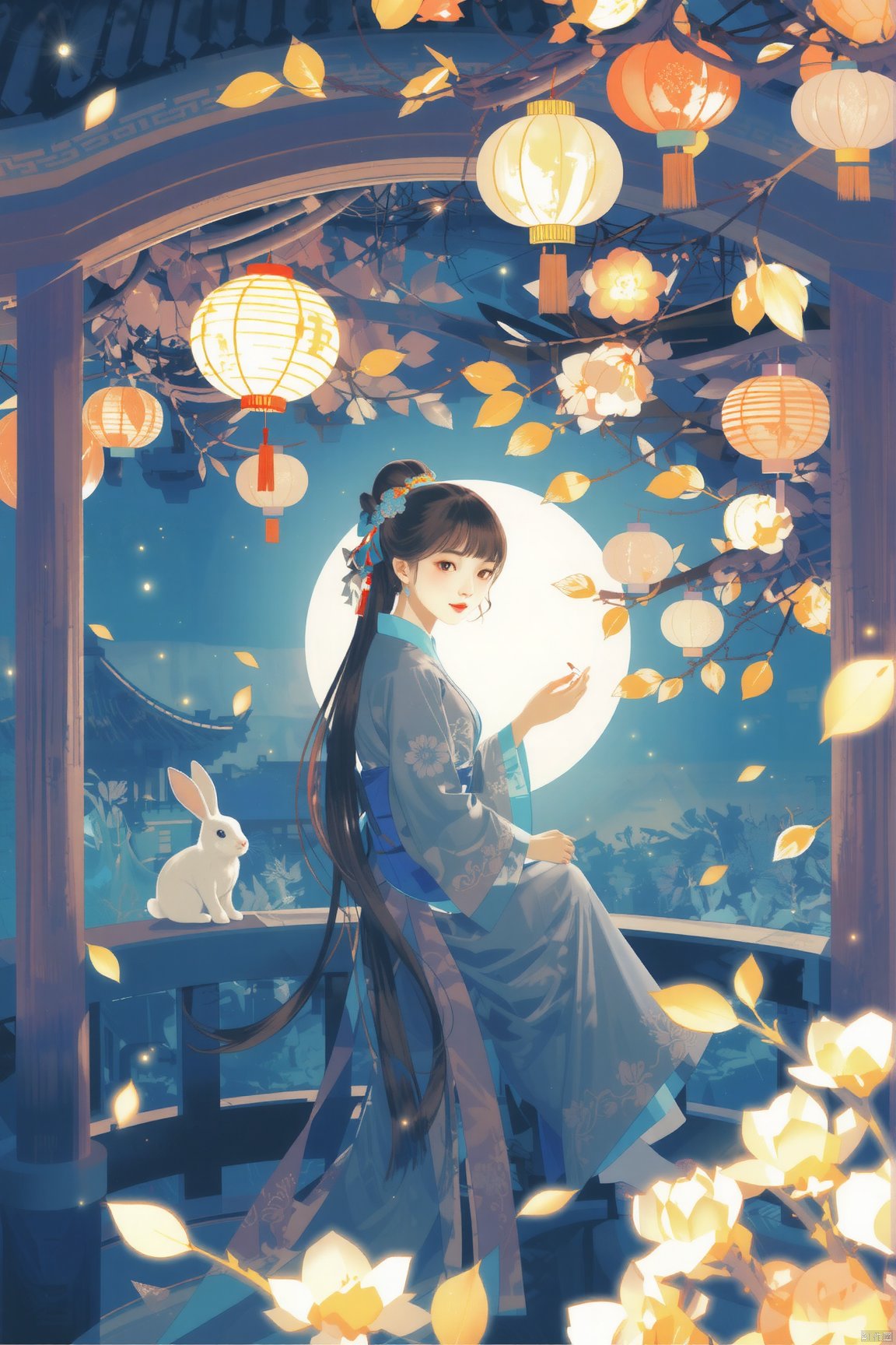 Soft focus captures a serene scene on a Mid-Autumn Festival night: a girl, adorned in traditional attire, sits amidst Osmanthus-scented tranquility within a gazebo, her long, dark locks cascading down her back like a waterfall of night. The gentle curve of the structure's roof frames her peaceful expression as she savors moon cakes, surrounded by the quiet companionship of a rabbit and the lush verdure of Osmanthus trees.