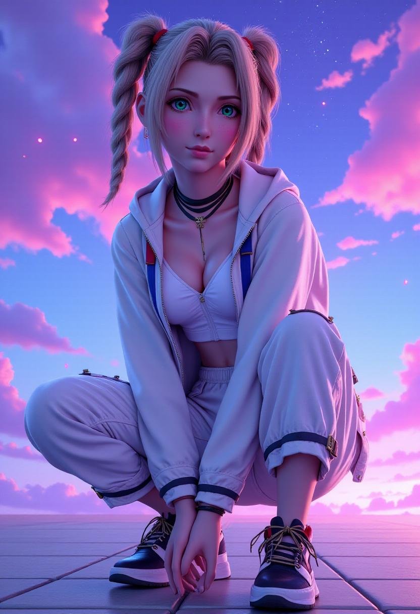 <lora:Aerith_Gainborough_on_Flux:1> Aer1th. realistic anime style. She is depicted crouching on a tiled surface, with her legs bent and her hands resting on her knees. Her attire is modern and sporty, consisting of a white zip-up hoodie with blue and red stripes, which is unzipped to reveal a white crop top underneath. She is also wearing white cargo pants that are rolled up at the ankles, and black and white sneakers with red accents.The background is a vibrant, ethereal scene featuring a starry night sky with swirling clouds of purple, pink, and blue hues, creating a dreamy, almost cosmic atmosphere. Small, glowing orbs float around her, adding to the otherworldly ambiance. The overall color palette is rich and vivid, with a mix of cool and warm tones that contrast beautifully with the subject's attire. The image captures a sense of dynamic energy and youthful rebellion, with the subject's confident pose and expression.