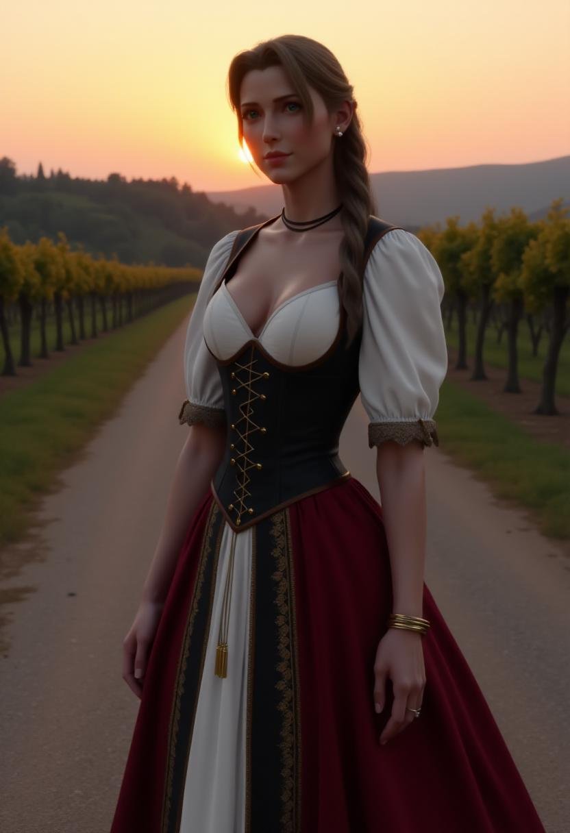 <lora:Aerith_Gainborough_on_Flux:1> aer1th, realistic. She is standing on a country road during sunset. She wears a traditional, yet modernized, medieval dress with a low-cut neckline that accentuates her ample cleavage. The dress is predominantly white with long, puffed sleeves and a black corset-style bodice that cinches her waist, featuring gold lace-up details. The skirt is a deep red color, flowing and adorned with gold buttons and intricate lace trim. Her right arm is adorned with a gold bracelet, and she wears a single pearl earring. The background features a serene, vineyard landscape with rows of grapevines stretching into the distance, framed by rolling hills and a clear sky with hues of orange, pink, and purple, reflecting the setting sun. The road she stands on is a narrow, asphalt path that leads into the horizon, adding depth to the scene. The lighting is soft and warm, casting gentle shadows that enhance the textures of her dress and the landscape. The overall mood is serene and romantic, capturing the tranquility of a rural evening.