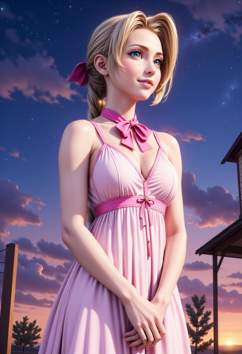 <lora:Aerith_Gainborough_on_Flux:0.8>  profile view of aer1th, smiling, her hands clasped together. She is standing outside under a starry sky, wearing a pink dress and a pink bow. <lora:RealisticAnimeFlux_v2:0.8>