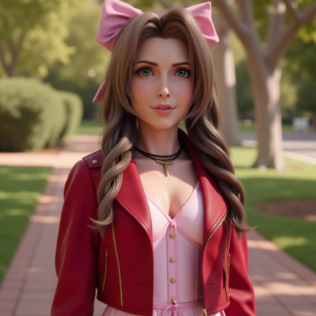 <lora:Aerith_Gainborough_on_Flux:1>  A portrait of Aer1th, pink bow, pink dress, red cropped jacket, bokeh