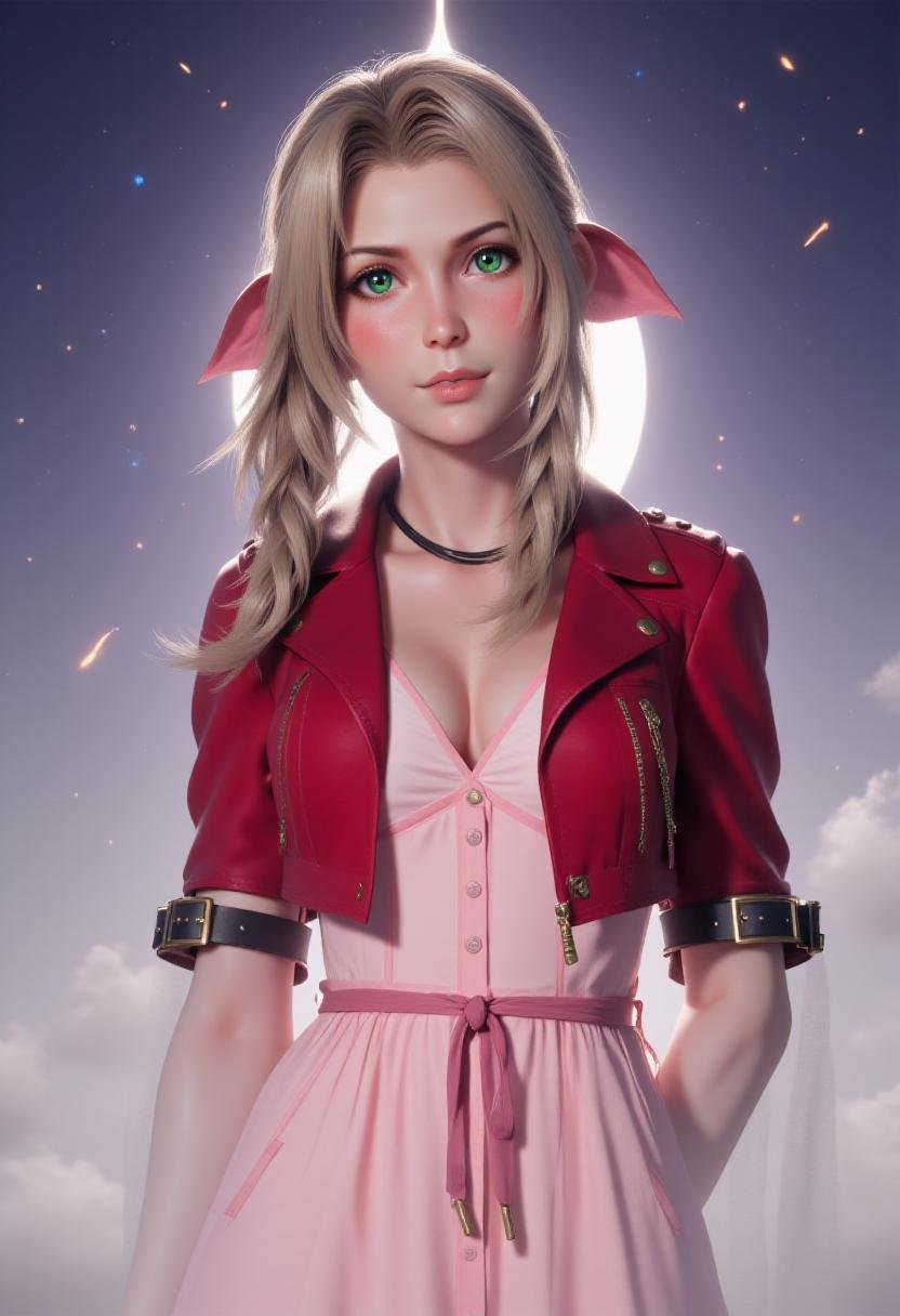 <lora:Aerith_Gainborough_on_Flux:1>  <lora:Flux_Fantasy_Portraits_V3:1> alieffp, rpg concept art , upper body, Aer1th wearing a cropped red jacket, pink dress, pink bow. She has her eyes closed, her hands are behind her back, and the background is a meteor shining with holy light.