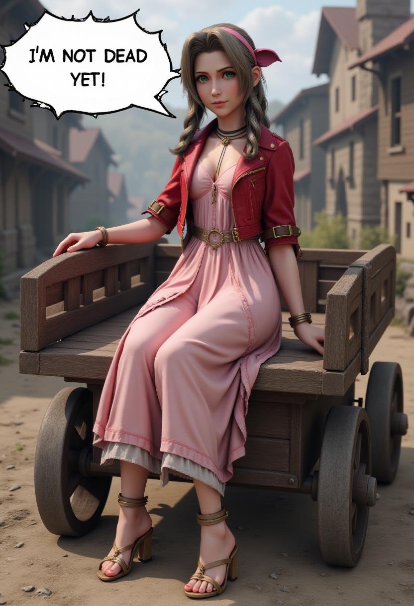 <lora:Aerith_Gainborough_on_Flux:1> Aer1th sitting on a wooden cart, a dirty medieval town in the background. She is wearing a red cropped jacket, pink dress, and pink bow. A jagged chat bubble contains the words "I'M NOT DEAD YET"