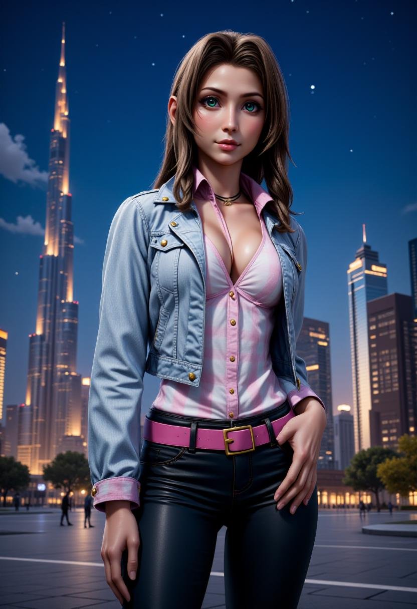 <lora:Aerith_Gainborough_on_Flux:1> Aer1th, realistic anime style. She is standing confidently in a cityscape, with a hint of makeup. Her skin is fair with a slight blush on her cheeks, and she has a slender, petite build. She wears a form-fitting, pink and pastel blue plaid button-up shirt that is slightly unbuttoned to reveal a hint of her midriff. Over this, she dons a light blue denim jacket with a pink plaid lining on the sleeves, adding a rugged, edgy touch. Her outfit is completed with tight black leather pants that accentuate her figure, secured with a pink belt.In the background, the cityscape features a towering, futuristic skyscraper with a slender, pointed tip, likely the Burj Khalifa in Dubai, and a cluster of other buildings, suggesting a modern urban environment. The sky is a midnight blue with scattered white stars, casting a low light that highlights the details of the scene and the woman's attire. The overall style of the illustration is realistic with a slight emphasis on hyper-realism, capturing both the subject and the environment in meticulous detail. <lora:RealisticAnimeFlux_v2:0.8>