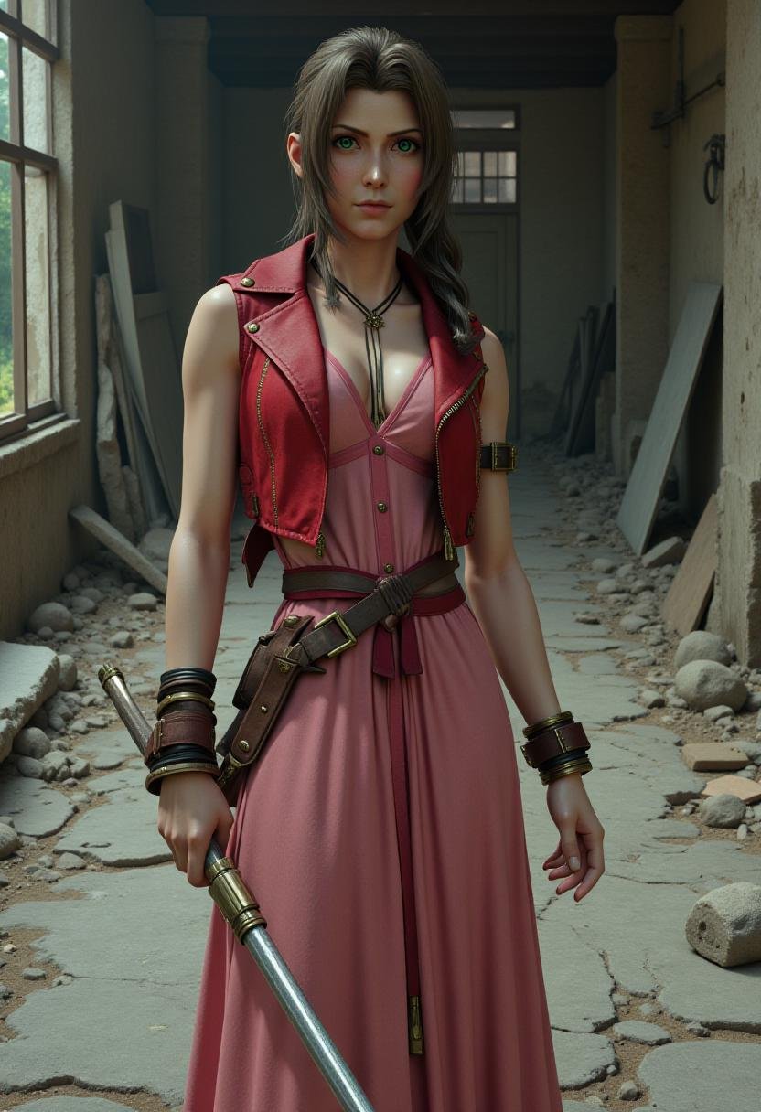 <lora:Aerith_Gainborough_on_Flux:1>  aer1th standing in a battle pose, holding a metal bo staff, with a determined look on her face. In the background are the crumbled ruins of a warehouse with cracked concrete floor. Cropped red jacket, pink dress, full body