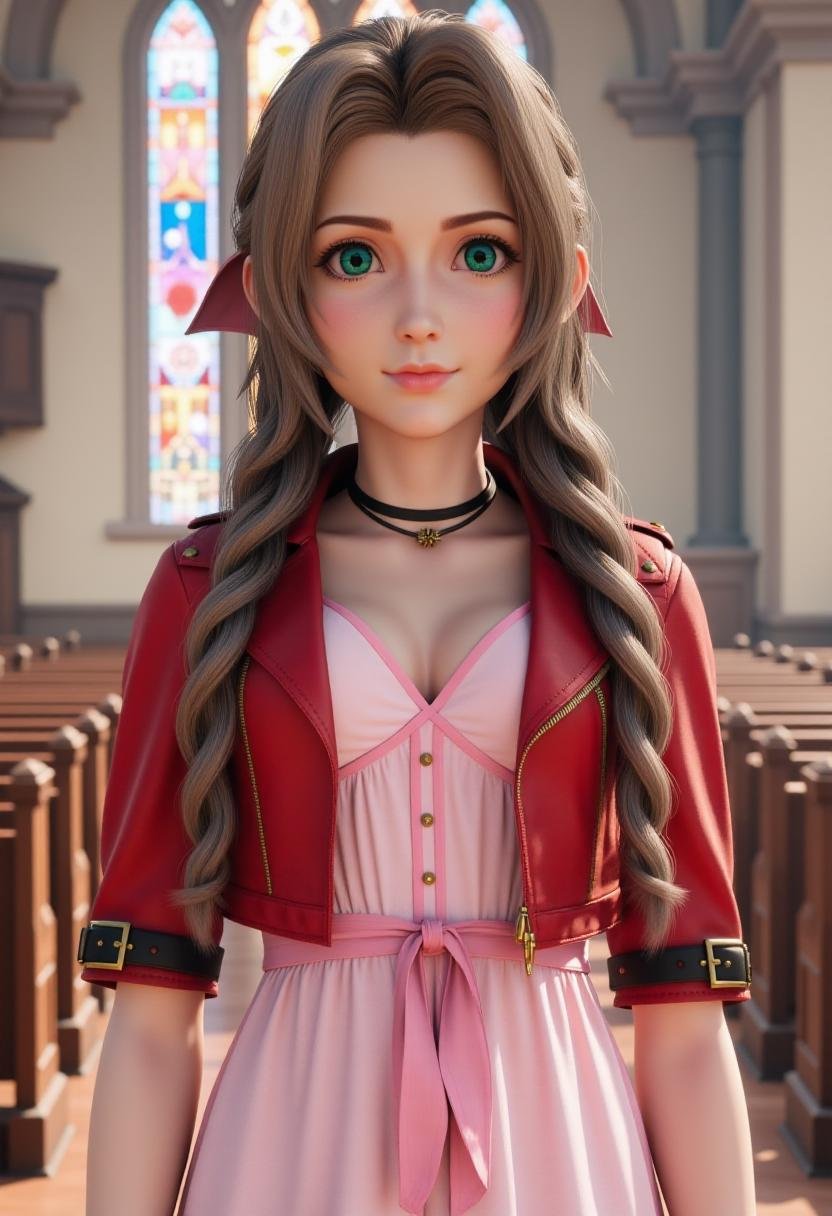 <lora:Aerith_Gainborough_on_Flux:1>  an upper body image of aer1th wearing a cropped red jacket, pink dress, and pink bow, with a church background