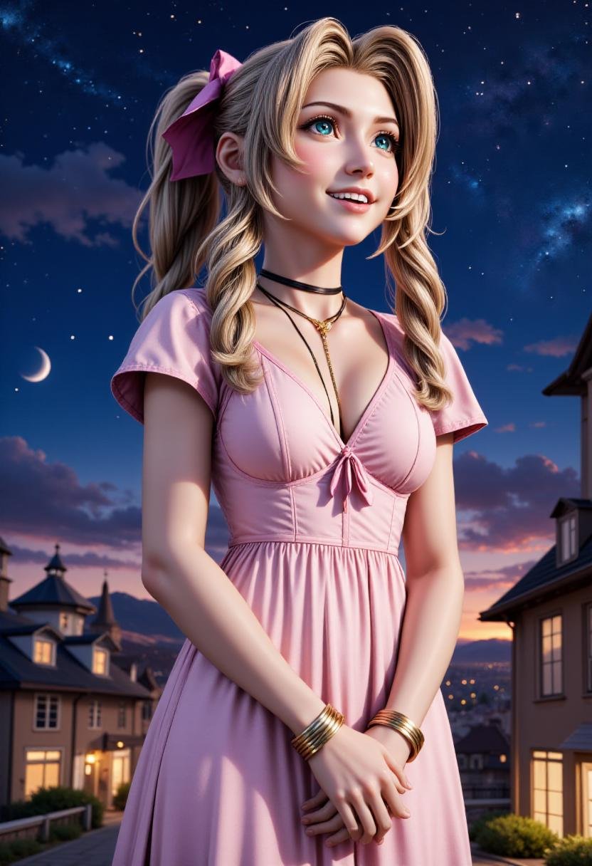 <lora:Aerith_FX_V2:1> side view of aer1th, smiling, her hands clasped together. She is standing outside under a starry sky, wearing a pink dress and a pink hair bow. <lora:RealisticAnimeFlux_v2:0.8>