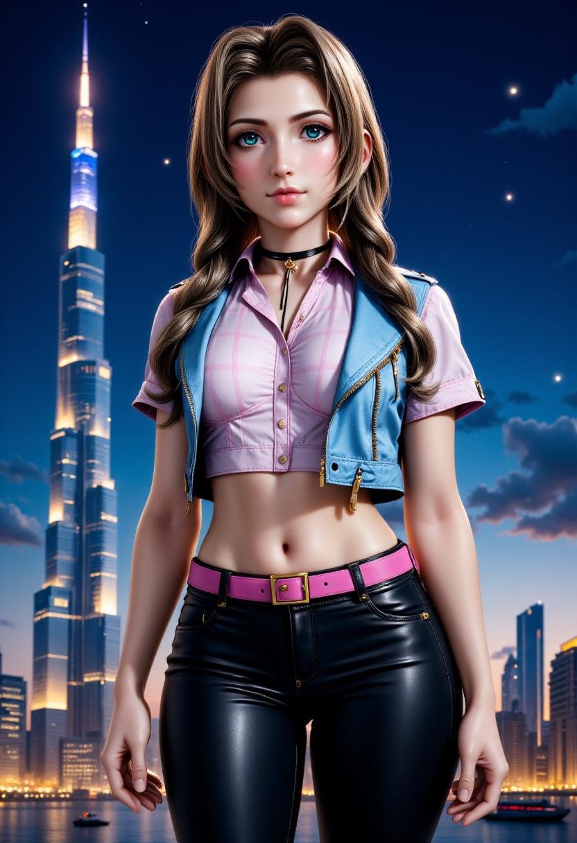 <lora:Aerith_FX_V2:1> Aer1th, realistic anime style. She is standing confidently in a cityscape, with a hint of makeup. Her skin is fair with a slight blush on her cheeks, and she has a slender, petite build. She wears a form-fitting, pink and pastel blue plaid button-up shirt that is slightly unbuttoned to reveal a hint of her midriff. Over this, she dons a light blue denim jacket with a pink plaid lining on the sleeves, adding a rugged, edgy touch. Her outfit is completed with tight black leather pants that accentuate her figure, secured with a pink belt.In the background, the cityscape features a towering, futuristic skyscraper with a slender, pointed tip, likely the Burj Khalifa in Dubai, and a cluster of other buildings, suggesting a modern urban environment. The sky is a midnight blue with scattered white stars, casting a low light that highlights the details of the scene and the woman's attire. The overall style of the illustration is realistic with a slight emphasis on hyper-realism, capturing both the subject and the environment in meticulous detail. <lora:RealisticAnimeFlux_v2:0.8>