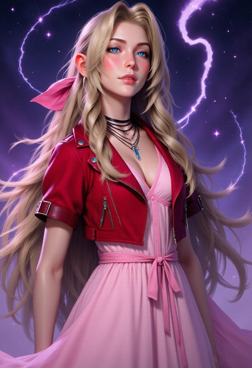 <lora:Aerith_FX_V2:0.8><lora:Flux_Fantasy_Portraits_V3:1> alieffp, rpg concept art , upper body, Aer1th wearing a cropped red jacket, pink dress, pink hair bow. She has her eyes closed, her hands are behind her back, and the background is a shooting star of holy white light.