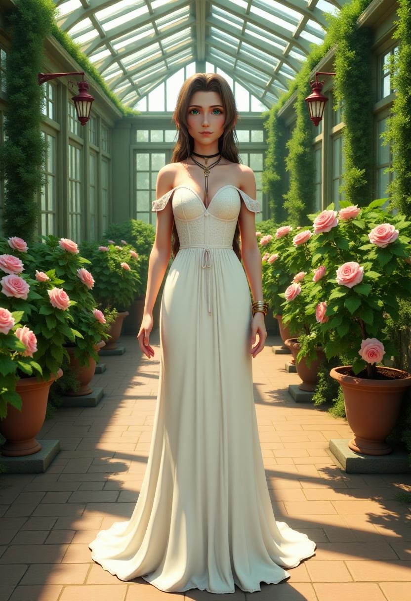 <lora:Aerith_FX_V2:1> CGI-rendered digital artwork depicting aer1th in an elegant, sunlit greenhouse. She is standing in the center of the image, facing the viewer with a serene expression. She is wearing a form-fitting, off-the-shoulder, white gown with intricate lace detailing that accentuates her hourglass figure. The dress has a plunging neckline that highlights her ample cleavage and a fitted bodice that flares out into a full-length skirt.The greenhouse around her is filled with lush green plants, including ivy climbing the walls and large potted plants with blooming pink roses. The glass roof and walls allow natural light to flood the space, creating a warm, inviting atmosphere. The floor is made of light brown tiles, and there are classic, red lanterns mounted on green pillars, adding to the vintage, botanical garden ambiance.The overall style of the artwork is realistic with a touch of hyper-realism, capturing the textures and details of the woman's gown and the plants with remarkable clarity. The light and shadows are meticulously rendered, emphasizing the depth and dimension of the scene.