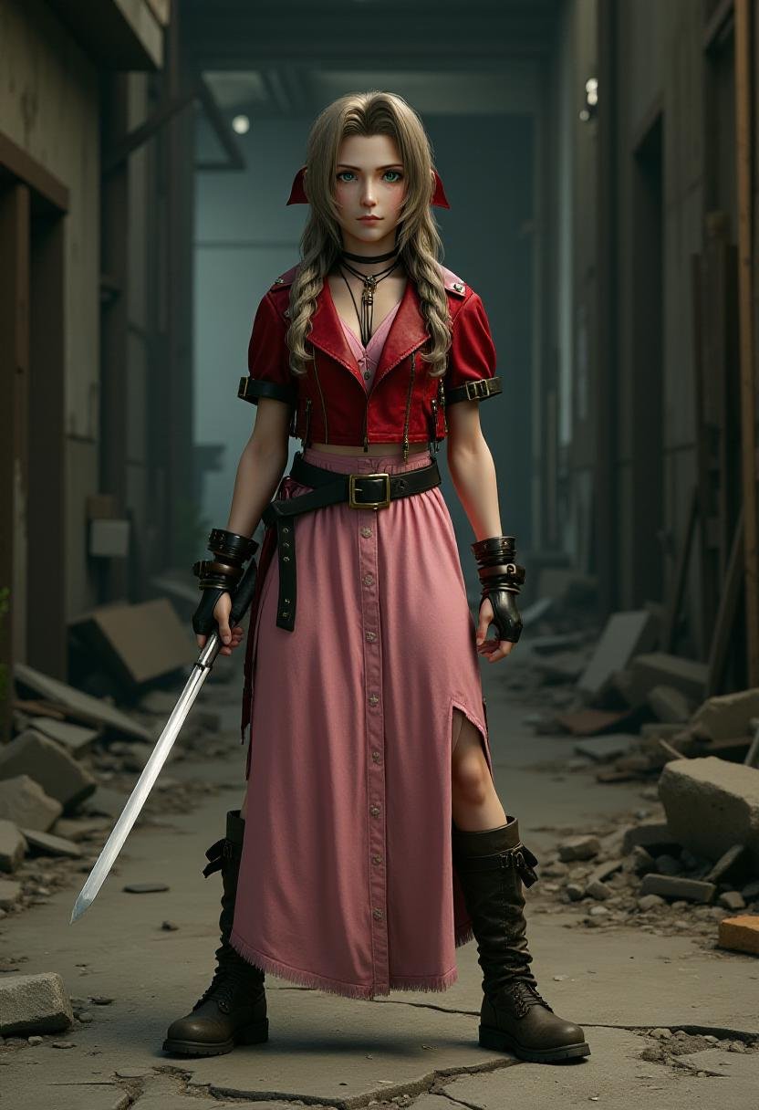 <lora:Aerith_FX_V2:1>  aer1th standing in a battle pose, holding a metal bo staff, with a determined look on her face. In the background are the crumbled ruins of a warehouse with cracked concrete floor. Cropped red jacket, pink dress, full body