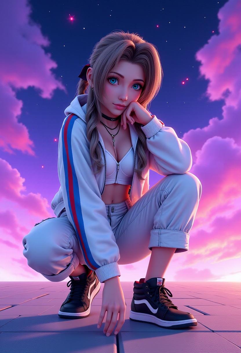 <lora:Aerith_FX_V2:0.8> Aer1th. realistic anime style. She is depicted crouching on a tiled surface, with her legs bent and her hands resting on her knees. Her attire is modern and sporty, consisting of a white zip-up hoodie with blue and red stripes, which is unzipped to reveal a white crop top underneath. She is also wearing white cargo pants that are rolled up at the ankles, and black and white sneakers with red accents.The background is a vibrant, ethereal scene featuring a starry night sky with swirling clouds of purple, pink, and blue hues, creating a dreamy, almost cosmic atmosphere. Small, glowing orbs float around her, adding to the otherworldly ambiance. The overall color palette is rich and vivid, with a mix of cool and warm tones that contrast beautifully with the subject's attire. The image captures a sense of dynamic energy and youthful rebellion, with the subject's confident pose and expression.