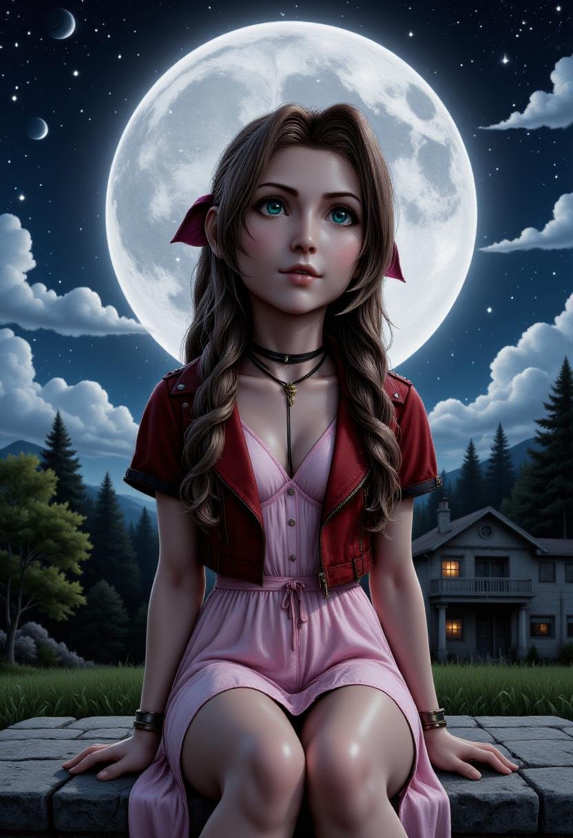 <lora:Aerith_FX_V2:1> A captivating image of aer1th wearing a cropped red jacket, pink dress, and pink hair bow, sitting on a stone bench under a full moon, looking up to the clouds <lora:Ink_Art:0.8>