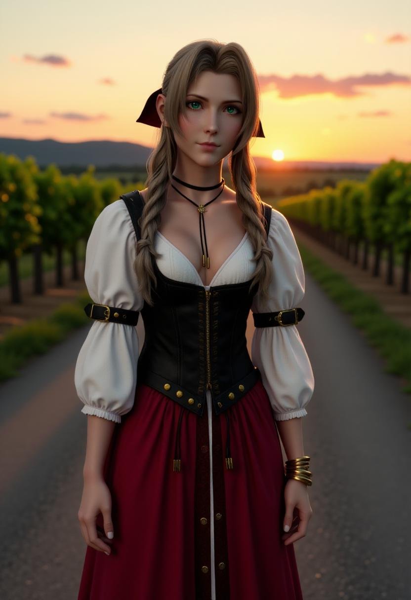 <lora:Aerith_FX_V2:1> aer1th, realistic. She is standing on a country road during sunset. She wears a traditional, yet modernized, medieval dress with a low-cut neckline that accentuates her ample cleavage. The dress is predominantly white with long, puffed sleeves and a black corset-style bodice that cinches her waist, featuring gold lace-up details. The skirt is a deep red color, flowing and adorned with gold buttons and intricate lace trim. Her right arm is adorned with a gold bracelet, and she wears a single pearl earring.The background features a serene, vineyard landscape with rows of grapevines stretching into the distance, framed by rolling hills and a clear sky with hues of orange, pink, and purple, reflecting the setting sun. The road she stands on is a narrow, asphalt path that leads into the horizon, adding depth to the scene. The lighting is soft and warm, casting gentle shadows that enhance the textures of her dress and the landscape. The overall mood is serene and romantic, capturing the tranquility of a rural evening.