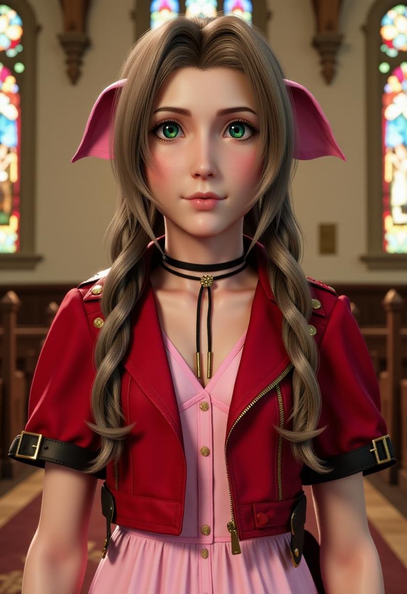 <lora:Aerith_FX_V2:1> an upper body image of aer1th wearing a cropped red jacket, pink dress, and pink hair bow, with a church background 