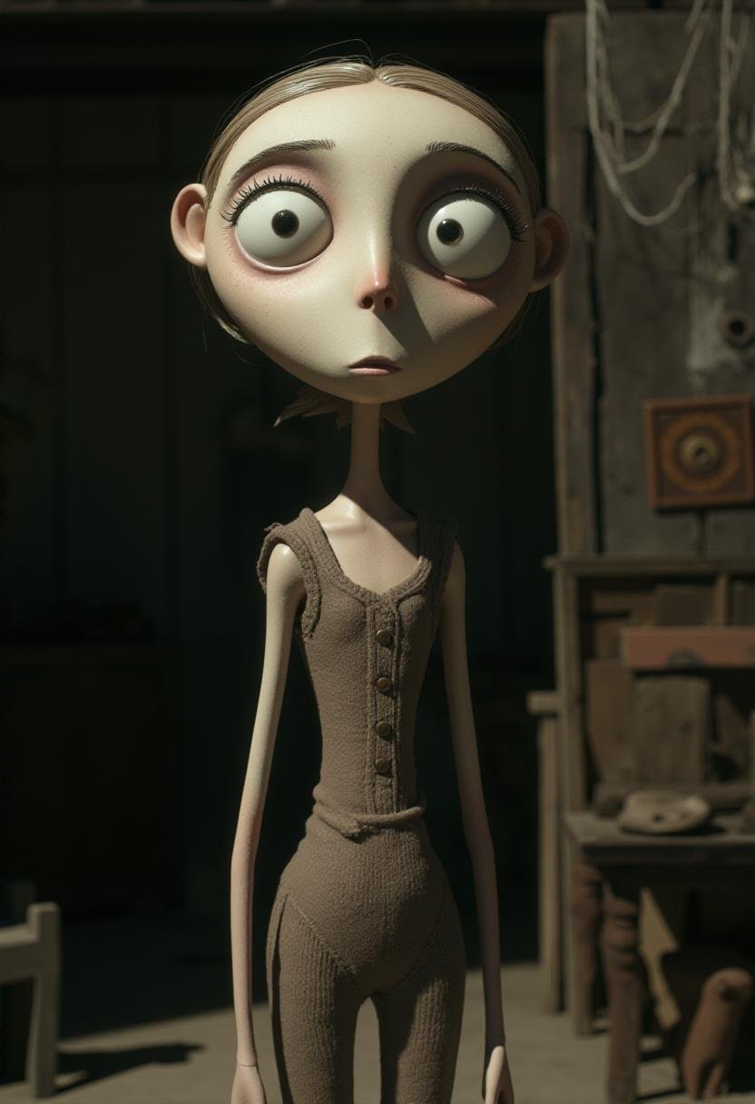 <lora:Tim_Burton_Style_FX-000001:1>  tburton_style,  A tall, thin, and elongated girl with an exaggeratedly large head and eyes that dominate her face. Her skin is pale, she has light blonde hair, and her face is covered in freckles. She has a prominent, round nose and a small mouth with a slightly open expression, giving her an ethereal, otherworldly appearance. She stands in a dusty attic with cobwebs and old furniture