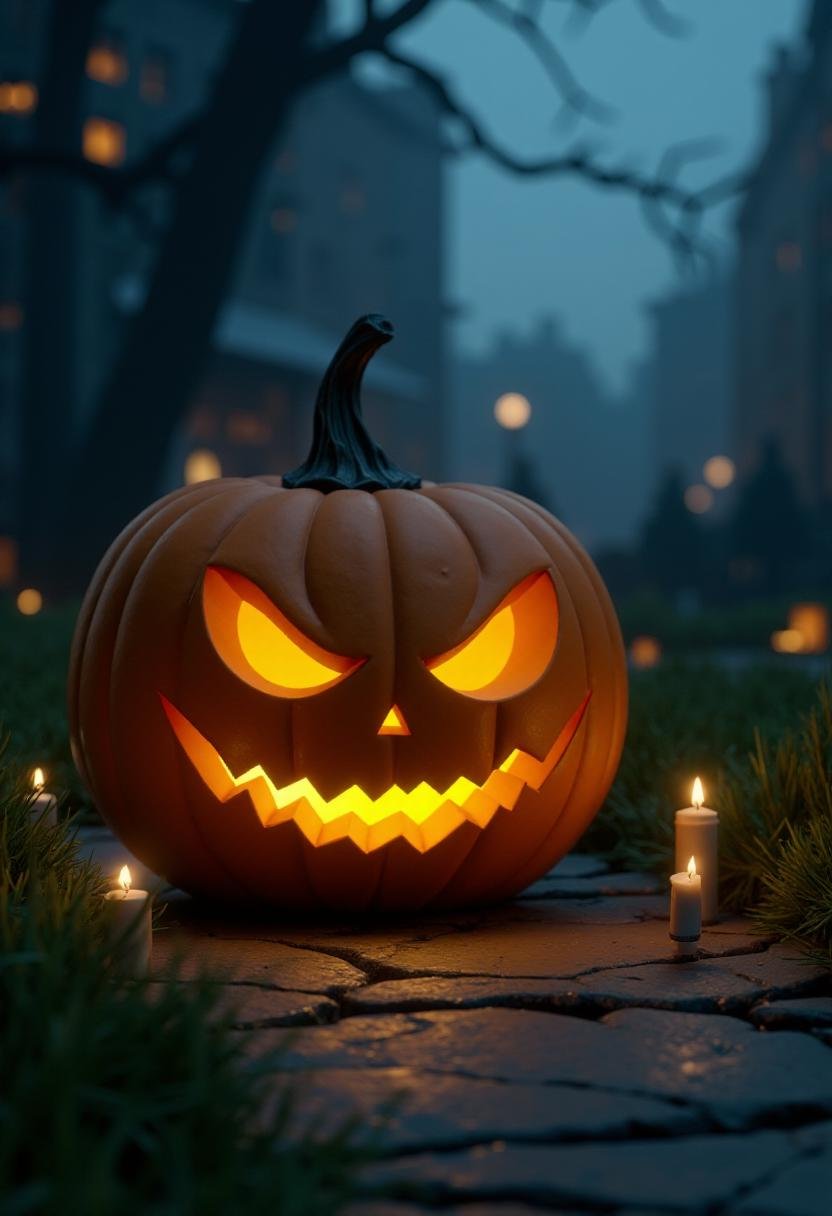 <lora:Tim_Burton_Style_FX-000001:1>  tburton_style, a jack-o-lantern with a malevolent smile, lit up by candles, placed on the sidewalk and surrounded by overgrown grass, night time, fog and mist, 3d animation background