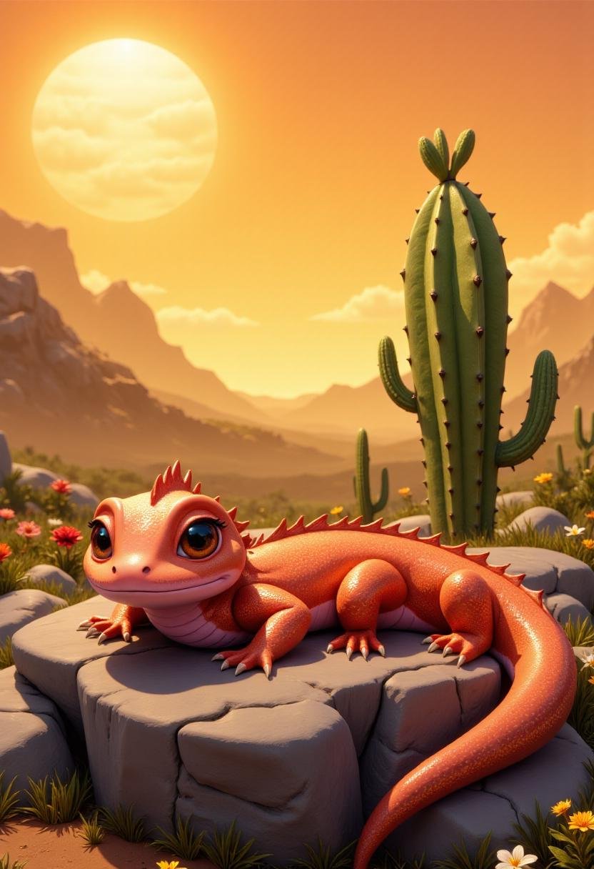 <lora:DetailAnimals:0.8> <lora:Tim_Burton_Style_FX-000001:0.8> tburton_Sstyle red salamander resting on a rock under the hot desert sun, a cactus in the background. 