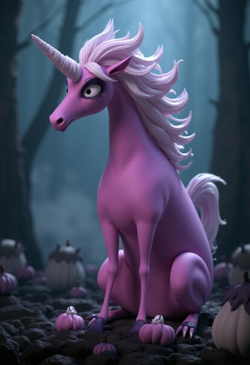 <lora:Tim_Burton_Style_FX-000001:1>  tburton_style, pink ghost unicorn, in an ethereal and spooky forest.